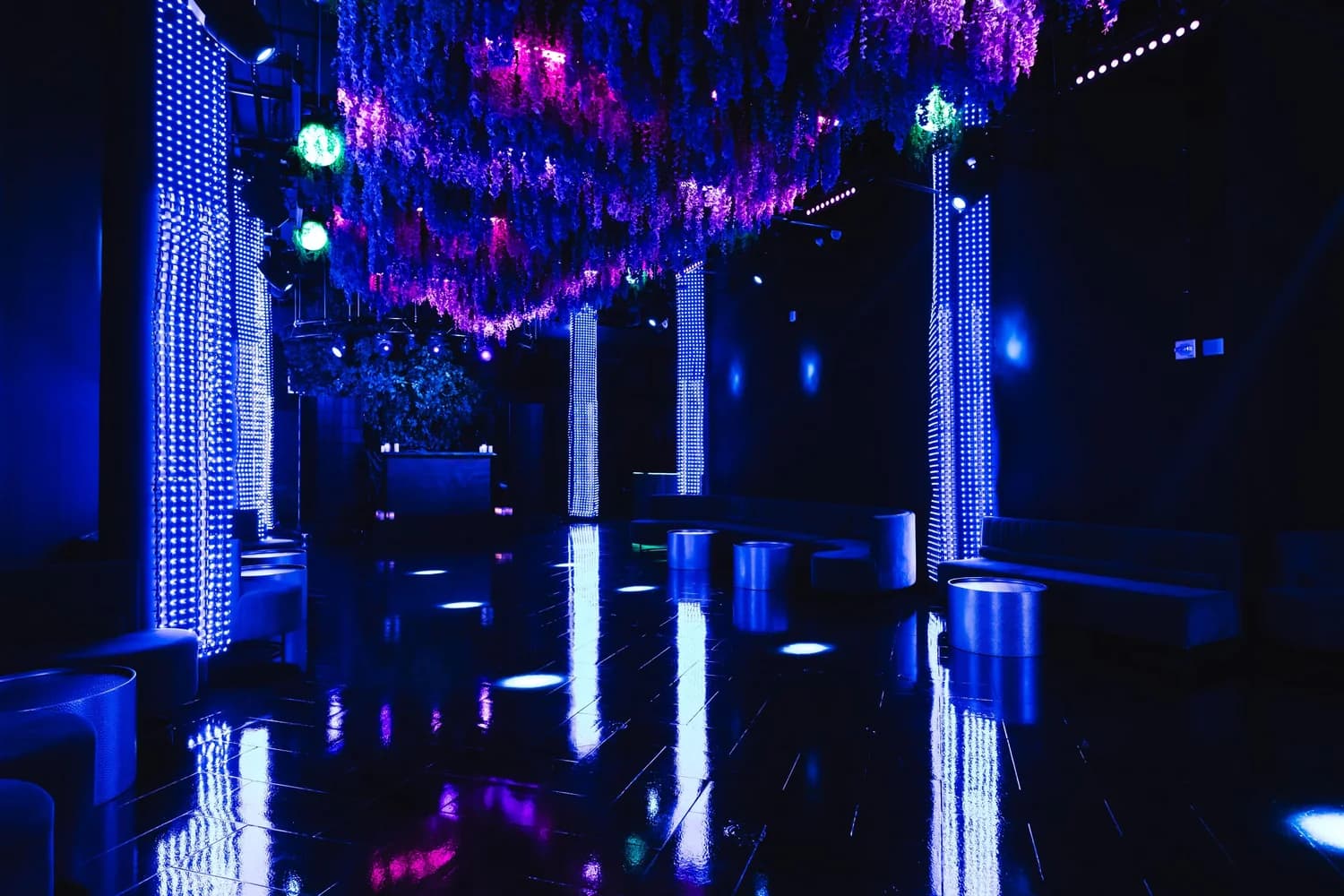 Floral-lit lounge ceiling at Eden, New York City