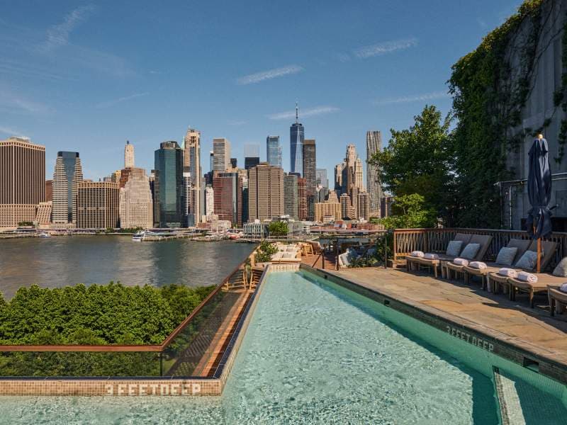 Rooftop pool at 1 Hotel Brooklyn Bridge with Manhattan skyline